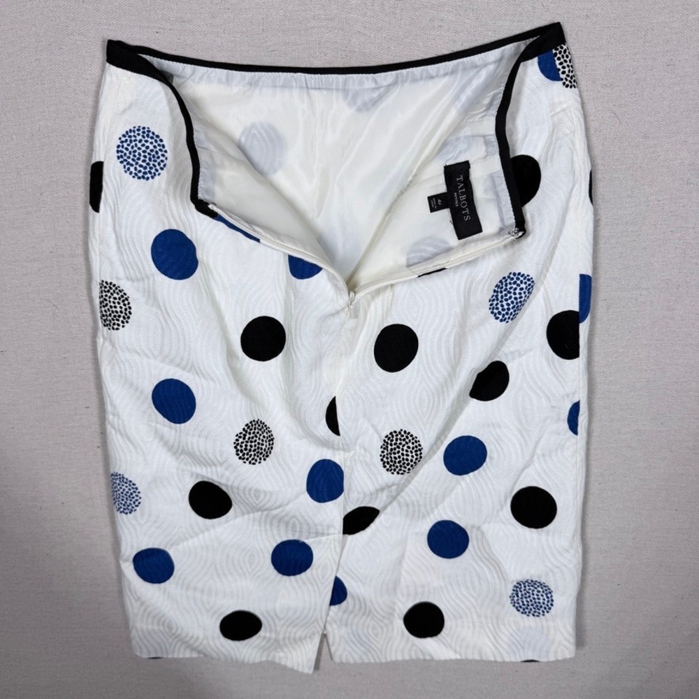 Talbots Polka Dot Pencil Skirt Navy‎ Blue White Knee Preppy Career Office - Picture 3 of 4